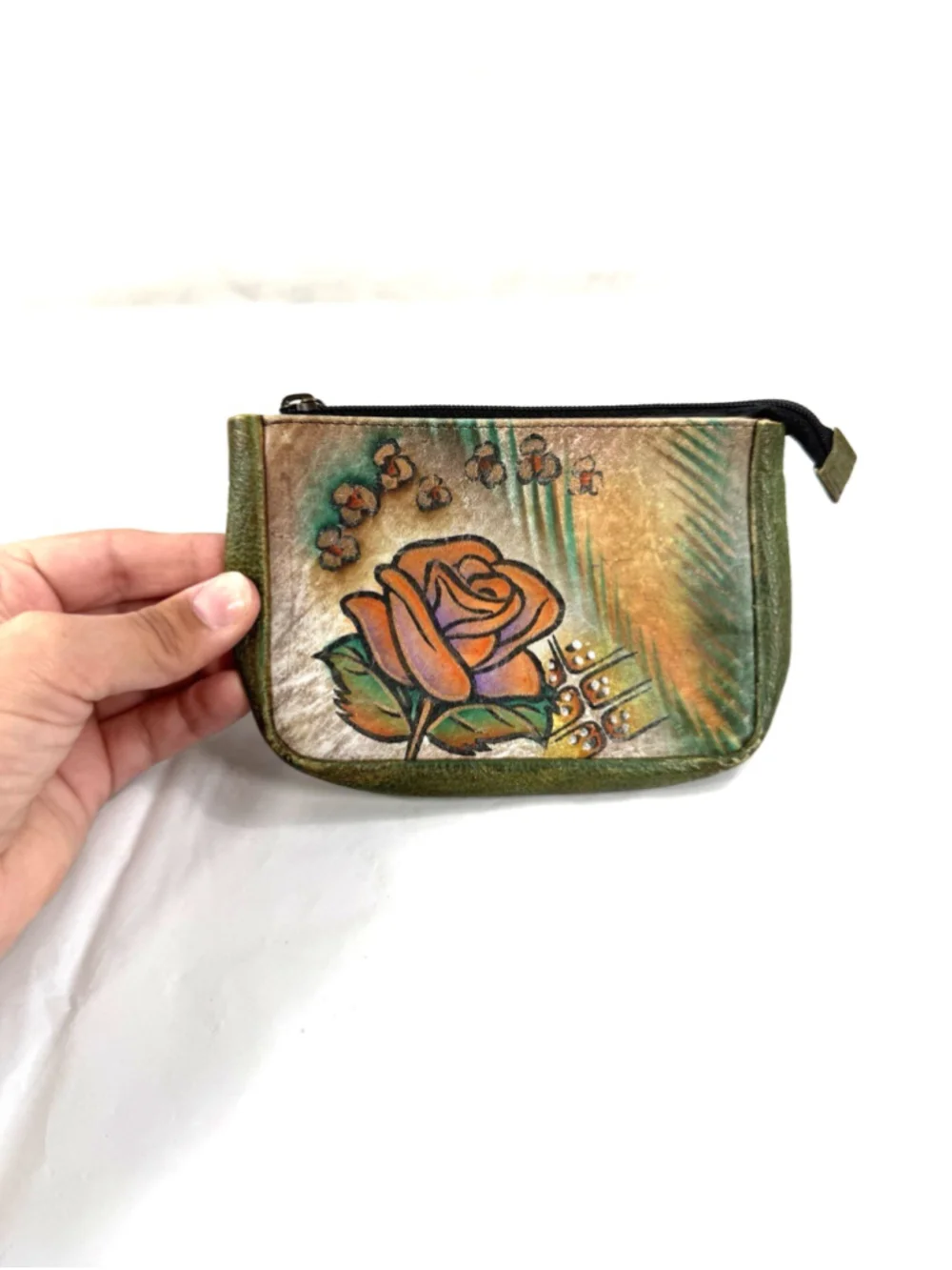 Anuschka Genuine Hand Painted Leather Zip Coin Purse Key Purse Floral